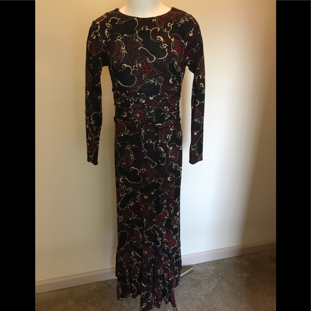 Vintage (60s) Knit Maxi Long Sleeve Dress, Black Print